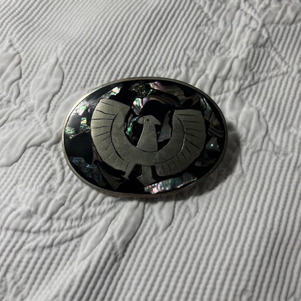 Belt buckle VTG Mexican inlaid silver eagle with abalone stone